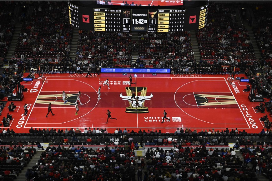 Nov 3, 2023; Chicago, Illinois, USA; The floor is red for the NBA In-Season Tournament during the first half of the game between the Chicago Bulls and the Brooklyn Nets  at the United Center. Mandatory Credit: Matt Marton-USA TODAY Sports