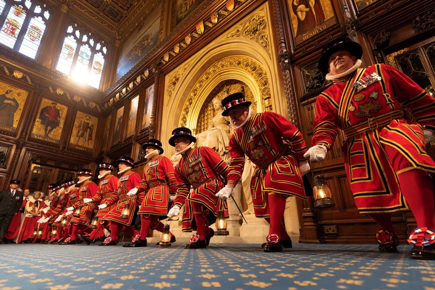 Yeomen of the Guard perform the ceremonial search inside the House of Lords, ahead of the State opening of the Parliament, in London, Britain, November 07, 2023. Richard Pohle/Pool via REUTERS