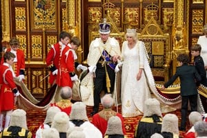 Britain's King Charles III and Queen Camilla attend the State Opening of Parliament in the House of Lords Chamber, in London, Britain, November 7, 2023. Arthur Edwards/Pool via REUTERS