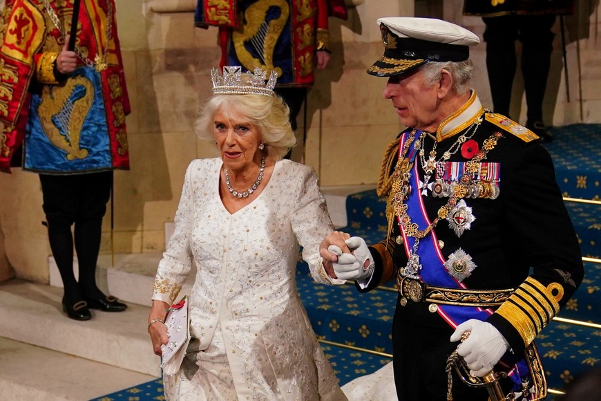 Britain's King Charles III and Queen Camilla depart from the Sovereign's Entrance at the Palace of Westminster following the State Opening of Parliament in the House of Lords, in London, Britain, November 7, 2023. Victoria Jones/Pool via REUTERS