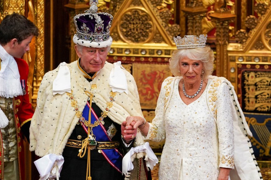 Britain's King Charles III and Queen Camilla attend the State Opening of Parliament in the House of Lords Chamber, in London, Britain, November 7, 2023. Arthur Edwards/Pool via REUTERS