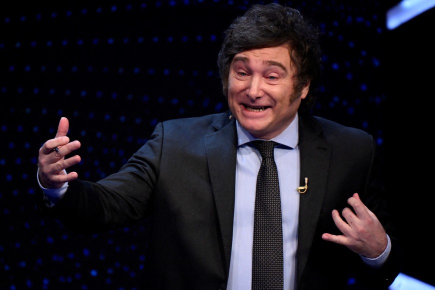 Argentine presidential candidate Javier Milei of La Libertad Avanza party attends the presidential debate ahead of the November 19 general election, at the University of Buenos Aires' Law School, in Buenos Aires Argentina November 12, 2023. Luis Robayo/Pool via REUTERS