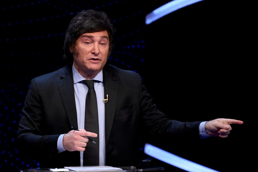 Argentine presidential candidate Javier Milei of La Libertad Avanza party attends the presidential debate ahead of the November 19 general election, at the University of Buenos Aires' Law School, in Buenos Aires Argentina November 12, 2023. Luis Robayo/Pool via REUTERS