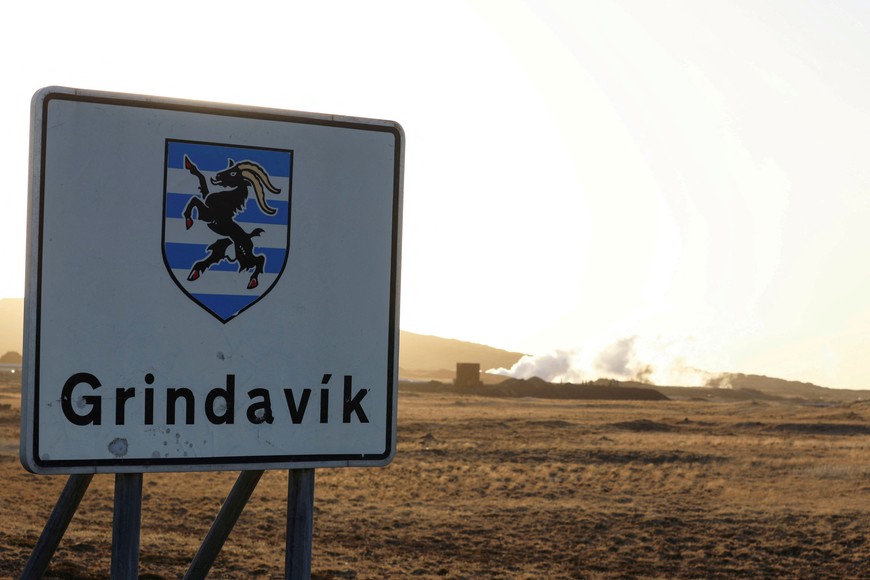 A sign of the village of Grindavik, which was evacuated due to volcanic activity, near Grindavik, Iceland November 13, 2023. REUTERS/Ben Makori