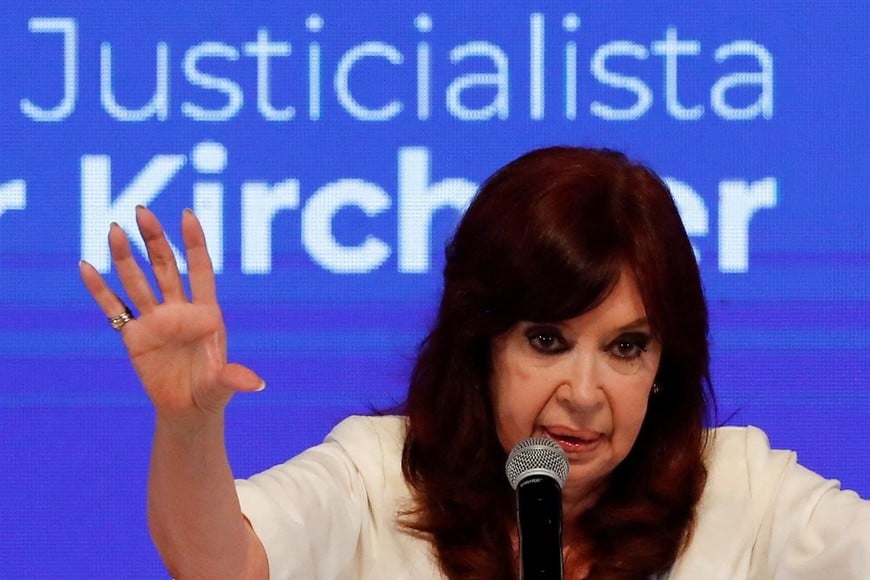 Argentina's Vice President and former President Cristina Fernandez de Kirchner gestures as she holds a masterclass at the Teatro Argentino, in La Plata, Argentina, April 27, 2023. REUTERS/Agustin Marcarian
