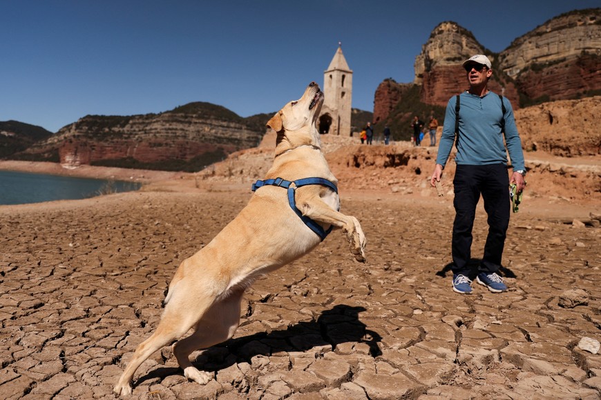 A man plays with his dog called 'Nina' as tourists walk on the cracked ground next to the village of San Roman de Sau's church, which was partially submerged and re-emerged as Sau reservoir has the lowest level since 1990 due to extreme drought in Catalonia, near Vic, Spain March 15, 2023. REUTERS/Nacho Doce     TPX IMAGES OF THE DAY