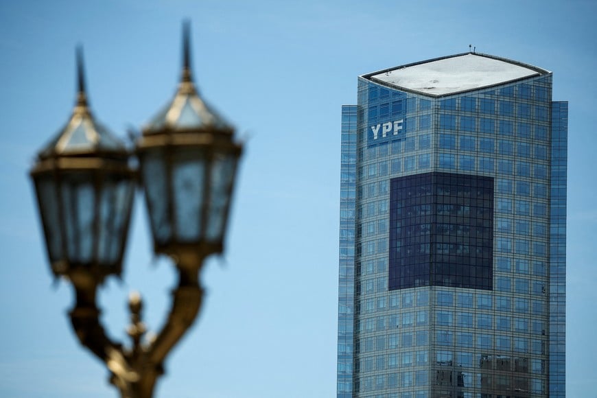 A view shows YPF Tower, a day after Argentina's runoff presidential election, in Buenos Aires, Argentina November 20, 2023. REUTERS/Agustin Marcarian REFILE - CORRECTING COMANY NAME FROM "REPSOL-YPF" TO "YPF"