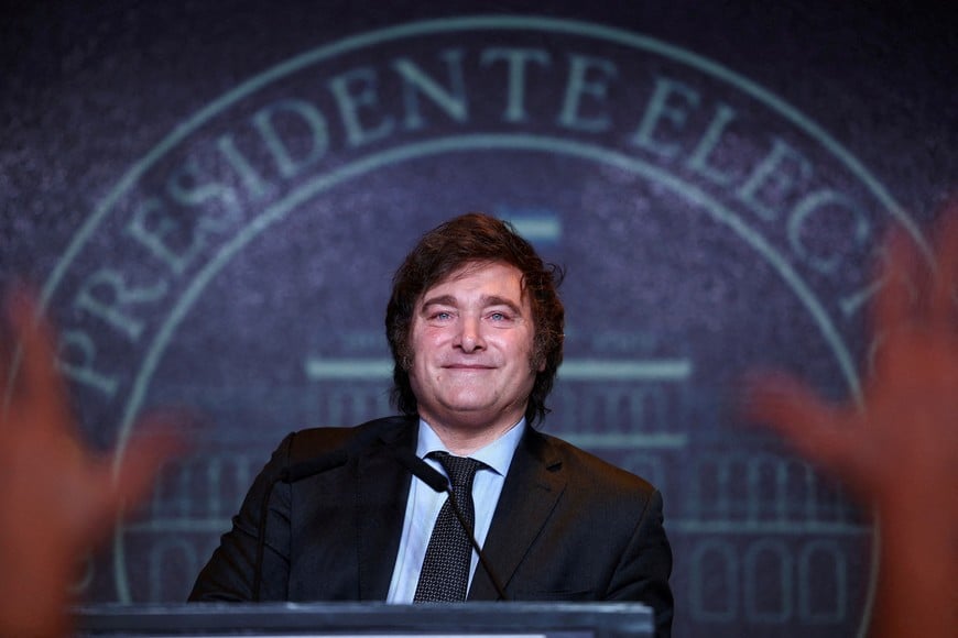 FILE PHOTO: Argentine president-elect Javier Milei addresses supporters after winning Argentina's runoff presidential election, in Buenos Aires, Argentina November 19, 2023. REUTERS/Agustin Marcarian/File Photo