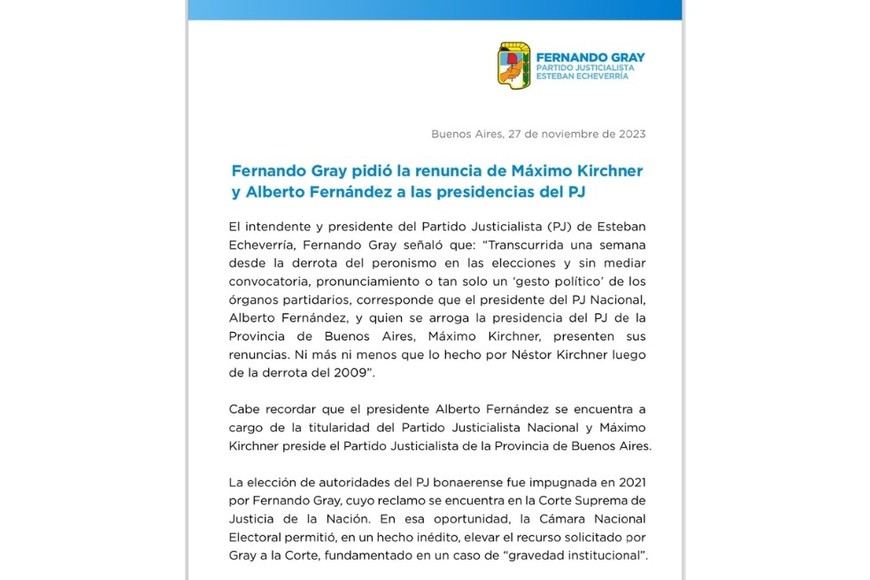 El comunicado de Fernando Gray.