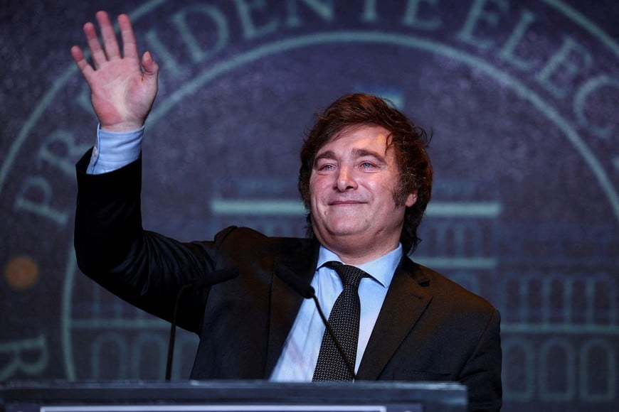 FILE PHOTO: Argentine president-elect Javier Milei addresses supporters after winning Argentina's runoff presidential election, in Buenos Aires, Argentina November 19, 2023. REUTERS/Agustin Marcarian/File Photo
