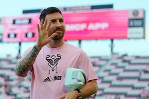 Oct 7, 2023; Fort Lauderdale, Florida, USA; Inter Miami CF forward Lionel Messi (10) arrives before the game against FC Cincinnati at DRV PNK Stadium. Mandatory Credit: Sam Navarro-USA TODAY Sports