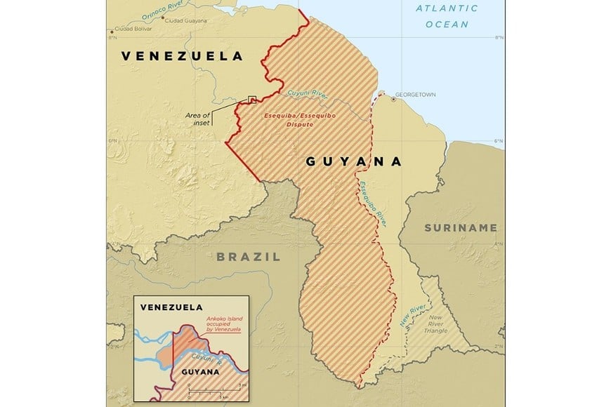Frontera entre Venezuela y Guyana. En rojo, el territorio de Guayana Esequiba. Crédito: Sovereign Limits