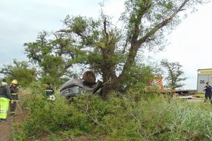 El automóvil tras despistar termina contra un árbol, lo que ocasionó la gravedad del siniestro. Crédito: Bomberos de Venado Tuerto