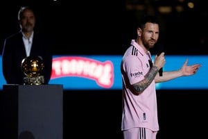 Soccer Football - Club Friendly - Inter Miami v New York City Football Club - DRV PNK Stadium, Fort Lauderdale, Florida, United States - November 10, 2023 
Lionel Messi gives a speech during the Noche d'Or ceremony ahead of the match after winning his eighth Ballon d'Or REUTERS/Marco Bello