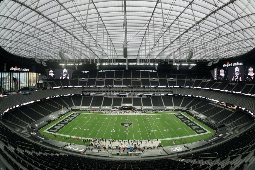 Sep 21, 2020; Paradise, Nevada, USA;  A general view of the opening kick off during the first quarter of a NFL game between the New Orleans Saints and Las Vegas Raiders at Allegiant Stadium. Mandatory Credit: Kirby Lee-USA TODAY Sports