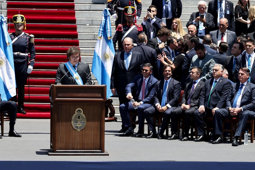 Argentina's President Javier Milei gives a speech after his swearing-in ceremony, outside the National Congress, in Buenos Aires, Argentina December 10, 2023. REUTERS/Agustin Marcarian