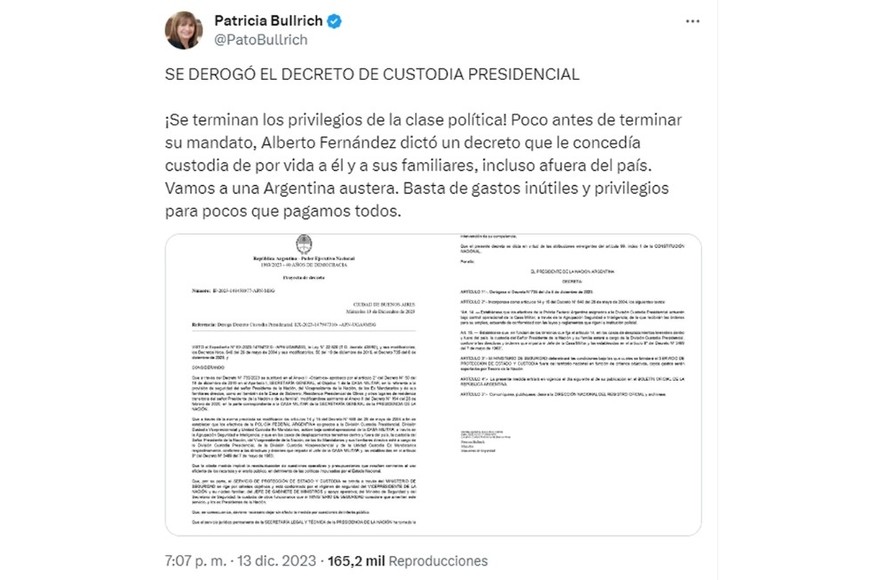 La publicación de Patricia Bullrich.