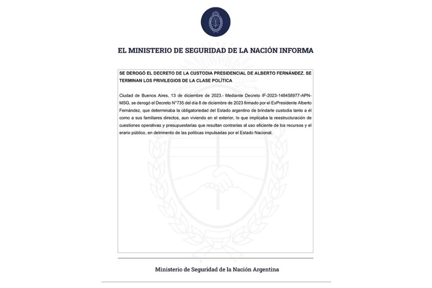 El documento del Ministerio de Seguridad.