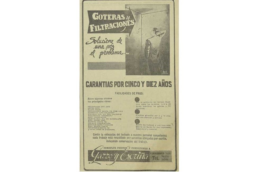 Antigua publicidad sobre goteras y filtraciones publicada por El Litoral.