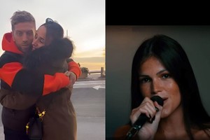 Alejandro “Papu” Gómez y Linda Raff, abrazados en el video familiar; y Valen Alegre en el clip oficial de “Me levanté”.