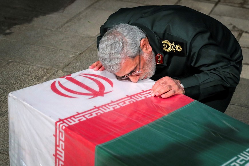 Brigadier General Esmail Qaani, the head of the Revolutionary Guards' Quds Force, attends the funeral ceremony of senior adviser for Iran's Revolutionary Guards, Sayyed Razi Mousavi, who was killed in an Israeli air strike outside the Syrian capital Damascus, in Tehran, Iran December 28, 2023. Office of the Iranian Supreme Leader/WANA (West Asia News Agency) via REUTERS ATTENTION EDITORS - THIS PICTURE WAS PROVIDED BY A THIRD PARTY