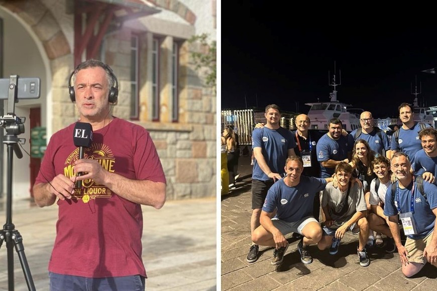 El enviado especial de El Litoral al Mundial, Juan Ignacio Rodríguez (izquierda) y el equipo de trabajo de "Misión Francia" (derecha). Crédito: El Litoral / Misión Francia.