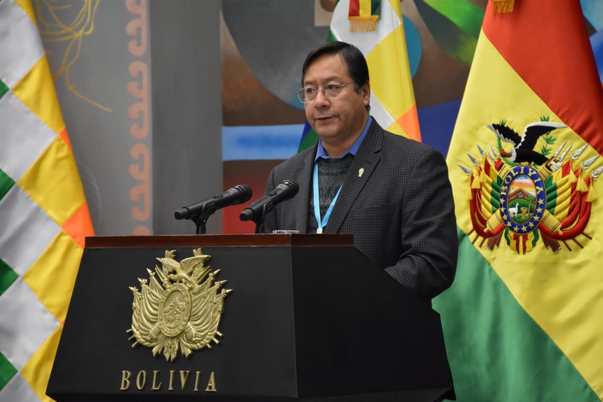 Bolivia's President Luis Arce speaks during a signing ceremony of an agreement with Russia for supplying 2.6 million doses of the Sputnik V coronavirus vaccine to fight against the coronavirus disease (COVID-19) in La Paz, Bolivia, December 30, 2020. Courtesy of Bolivian Presidency/Ricardo Carvallo/Handout via REUTERS ATTENTION EDITORS - THIS IMAGE WAS PROVIDED BY A THIRD PARTY.  NO RESALES. NO ARCHIVES