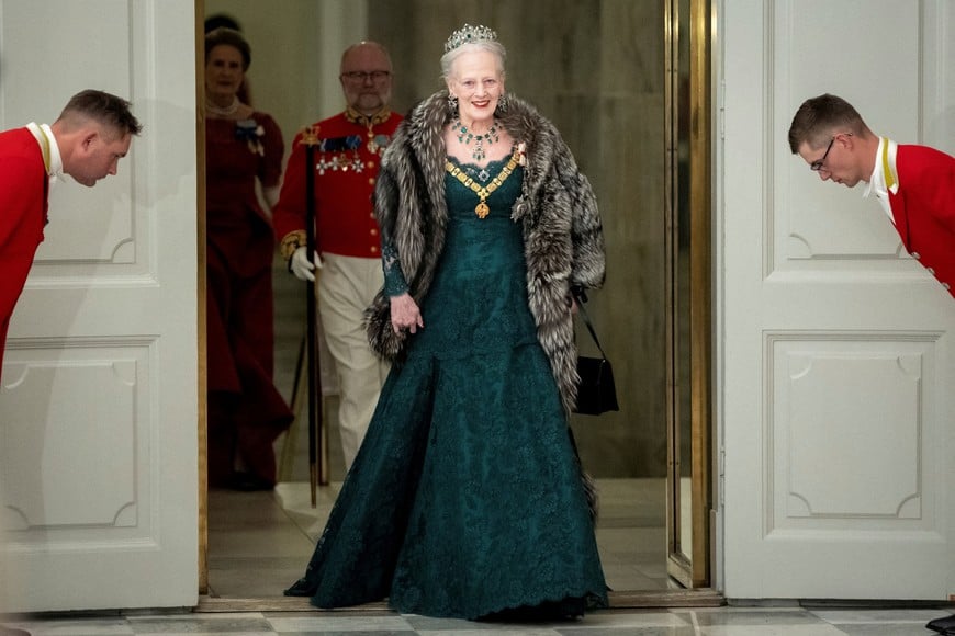 FILE PHOTO: Denmark's Queen Margrethe arrives at the State Banquet at Christiansborg Castle in Copenhagen, Denmark, November 6, 2023. Ritzau Scanpix/Mads Claus Rasmussen via REUTERS    ATTENTION EDITORS - THIS IMAGE WAS PROVIDED BY A THIRD PARTY. DENMARK OUT. NO COMMERCIAL OR EDITORIAL SALES IN DENMARK./File Photo