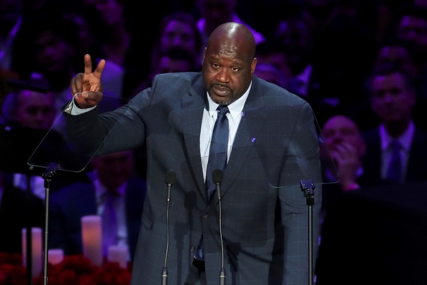 Former basketball player Shaquille O'Neal reacts as he speaks during a public memorial for NBA great Kobe Bryant, his daughter Gianna and seven others killed in a helicopter crash on January 26, at the Staples Center in Los Angeles, California, U.S., February 24, 2020. REUTERS/Lucy Nicholson