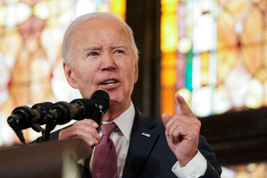 FILE PHOTO: U.S. President Joe Biden gestures as he delivers a speech during a campaign event at the Mother Emanuel AME Church, the site of the 2015 mass shooting, in Charleston, South Carolina, U.S., January 8, 2024. REUTERS/Kevin Lamarque/File Photo