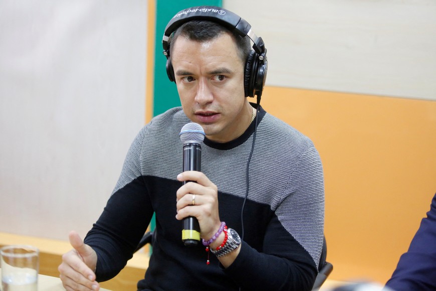 Ecuador's President Daniel Noboa gives an interview at a local radio station, in Quito, Ecuador January 10, 2024. Ecuador Presidency/Handout via REUTERS ATTENTION EDITORS - THIS IMAGE HAS BEEN SUPPLIED BY A THIRD PARTY NO RESALES. NO ARCHIVES