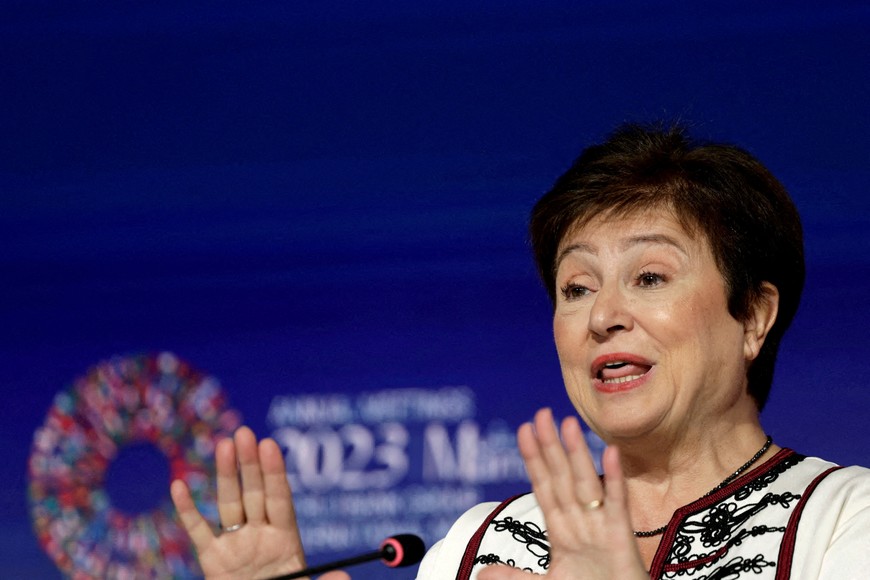 FILE PHOTO: International Monetary Fund Managing Director Kristalina Georgieva addresses the media on the fourth day of the annual meeting of the IMF and the World Bank, in Marrakech, Morocco, October 12, 2023. REUTERS/Susana Vera/File Photo