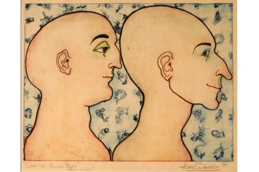 Aída Carballo: “Calvos herméticos”; grabado, aguafuerte, 49 x 64 cm.