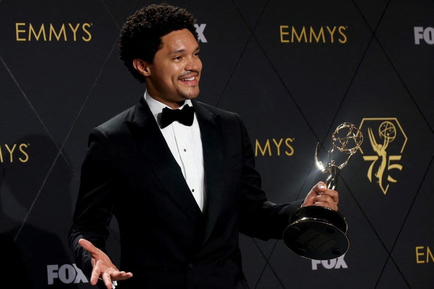 Trevor Noah poses with the Variety Series award for "The Daily Show with Trevor Noah" at the 75th Primetime Emmy Awards in Los Angeles, California, U.S., January 15, 2024. REUTERS/Aude Guerrucci