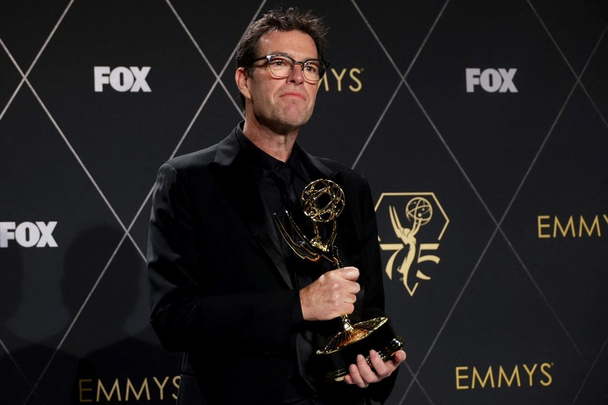 Mark Mylod poses with the Directing for a Drama Series award for "Succession" at the 75th Primetime Emmy Awards in Los Angeles, California, U.S., January 15, 2024. REUTERS/Aude Guerrucci