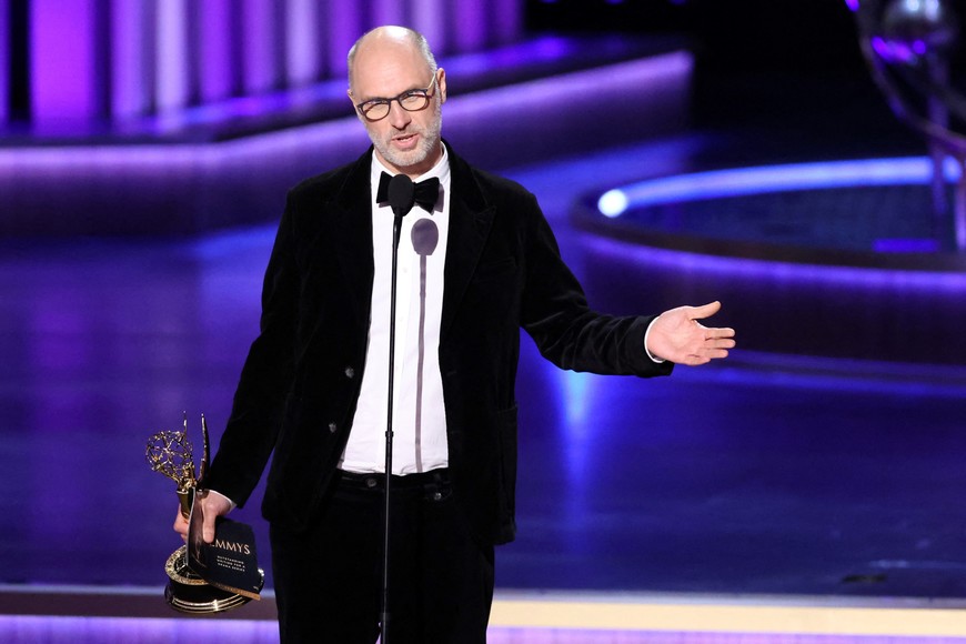 Jesse Armstrong accepts the award for Writing for a Drama Series for "Succession" at the 75th Primetime Emmy Awards in Los Angeles, California, U.S. January 15, 2024. REUTERS/Mario Anzuoni