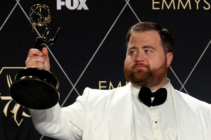 Paul Walter Hauser poses with the Supporting Actor in a Limited or Anthology Series or Movie award for “Black Bird” at the 75th Primetime Emmy Awards in Los Angeles, California, U.S., January 15, 2024. REUTERS/Aude Guerrucci