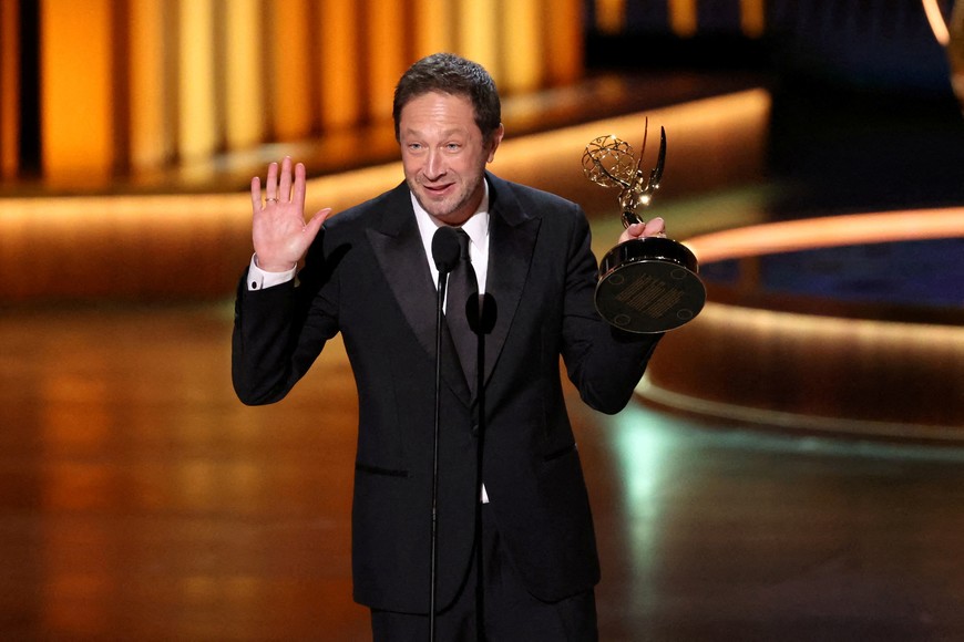 Ebon Moss-Bachrach accepts the award for Supporting Actor in a Comedy Series for "The Bear" at the 75th Primetime Emmy Awards in Los Angeles, California, U.S., January 15, 2024. REUTERS/Mario Anzuoni