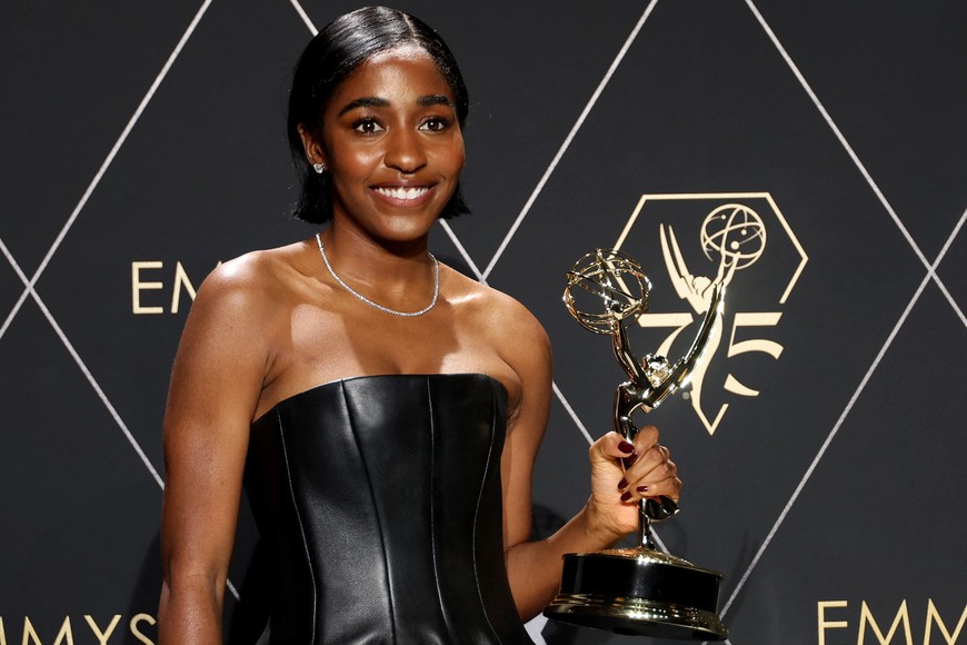 Ayo Edebiri poses with the Supporting Actress in a Comedy Series award for "The Bear" at the 75th Primetime Emmy Awards in Los Angeles, California, U.S., January 15, 2024. REUTERS/Aude Guerrucci