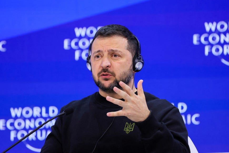 FILE PHOTO: Ukraine's President Volodymyr Zelenskiy speaks during the 54th annual meeting of the World Economic Forum in Davos, Switzerland, January 16, 2024. REUTERS/Denis Balibouse/File Photo