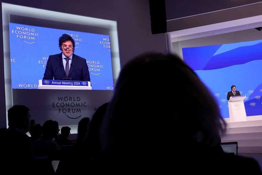 Argentina's President Javier Milei speaks, during the 54th annual meeting of the World Economic Forum (WEF), in Davos, Switzerland, January 17, 2024. REUTERS/Denis Balibouse