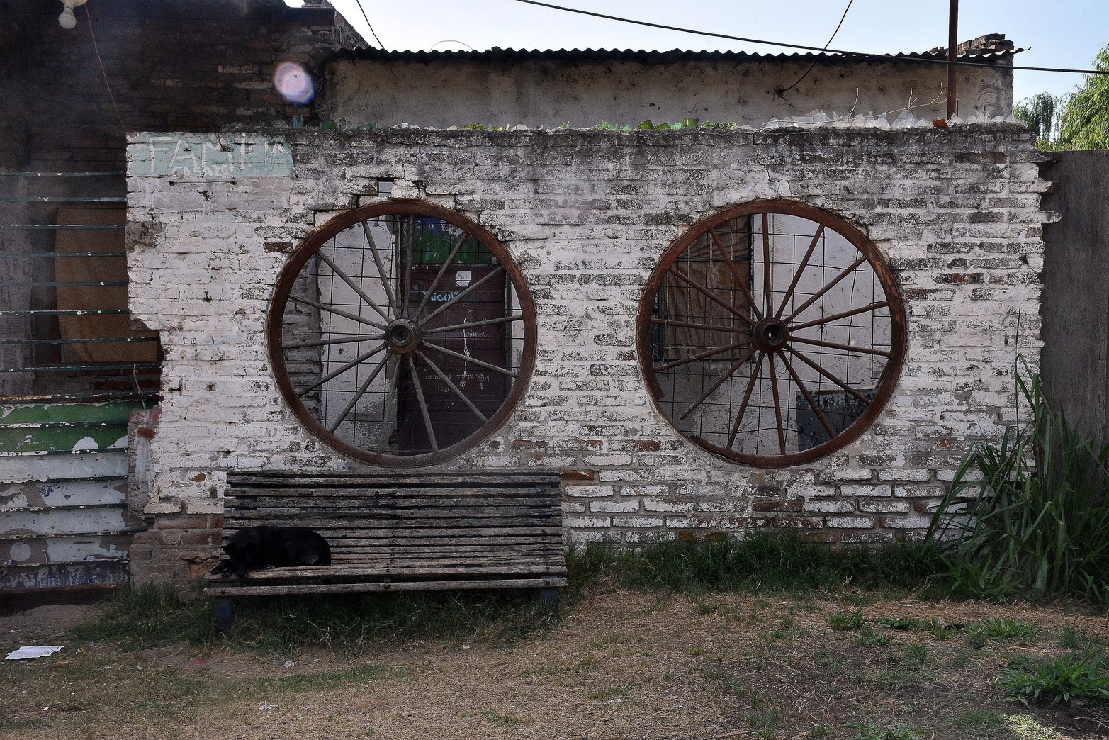 Los círculos de ruedas de carros en un tapial del barrio Varadero Sarsotti.