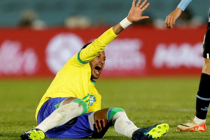 FILE PHOTO: Soccer Football - World Cup - South American Qualifiers - Uruguay v Brazil - Estadio Centenario, Montevideo, Uruguay - October 17, 2023
Brazil's Neymar reacts after sustaining an injury REUTERS/Andres Cuenca/File Photo