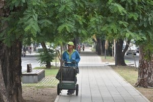 Una recolectora limpia un sector de Bv. Gálvez. Detrás, casi nadie.