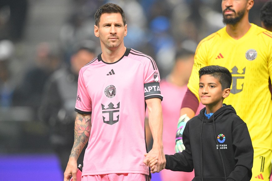 Jan 29, 2024; Riyadh, Saudi Arabia; Inter Miami forward Lionel Messi (10) takes the pitch before the match against the Al-Hilal SFC at Kingdom Arena. Mandatory Credit: Victor Fraile Rodriguez-USA TODAY Sports