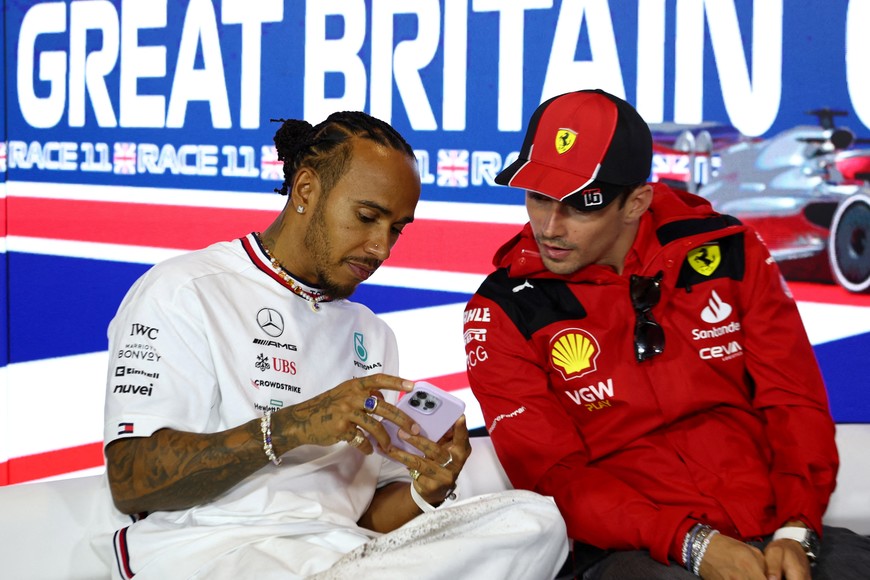 FILE PHOTO: Formula One F1 - British Grand Prix - Silverstone Circuit, Silverstone, Britain - July 6, 2023
Mercedes' Lewis Hamilton and Ferrari's Charles Leclerc during the press conference REUTERS/Andrew Boyers/File Photo