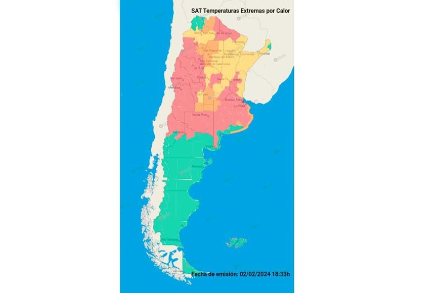 El mapa de la ola de calor divulgado por el SMN.