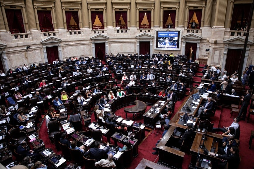 (240202) -- BUENOS AIRES, 2 febrero, 2024 (Xinhua) -- Legisladores participan en un debate para tratar la iniciativa "Bases y Puntos de Partida para la Libertad de los Argentinos" en la Cámara de Diputados del Congreso Nacional, en la ciudad de Buenos Aires, capital de Argentina, el 2 de febrero de 2024. La Cámara de Diputados de Argentina aprobó el viernes en lo general y luego de tres días consecutivos de debate, un proyecto de ley del Ejecutivo que busca desregular la política y la economía del país sudamericano. (Xinhua/Martín Zabala) (mz) (oa) (ra) (vf)