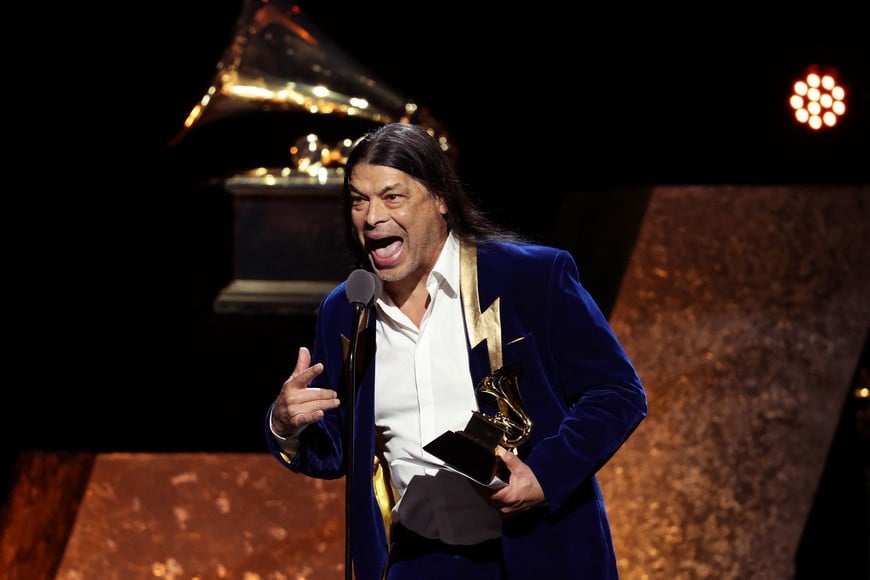 Robert Trujillo receives the award for Best Metal Performance for 72 Seasons by Metallica during the Premiere ceremony of the 66th Annual Grammy Awards in Los Angeles, California, U.S., February 4, 2024. REUTERS/Mike Blake