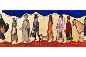 “Caravana espiritual” de Luis Quiroz, técnica mixta sobre tabla texturada con dorado a la hoja.